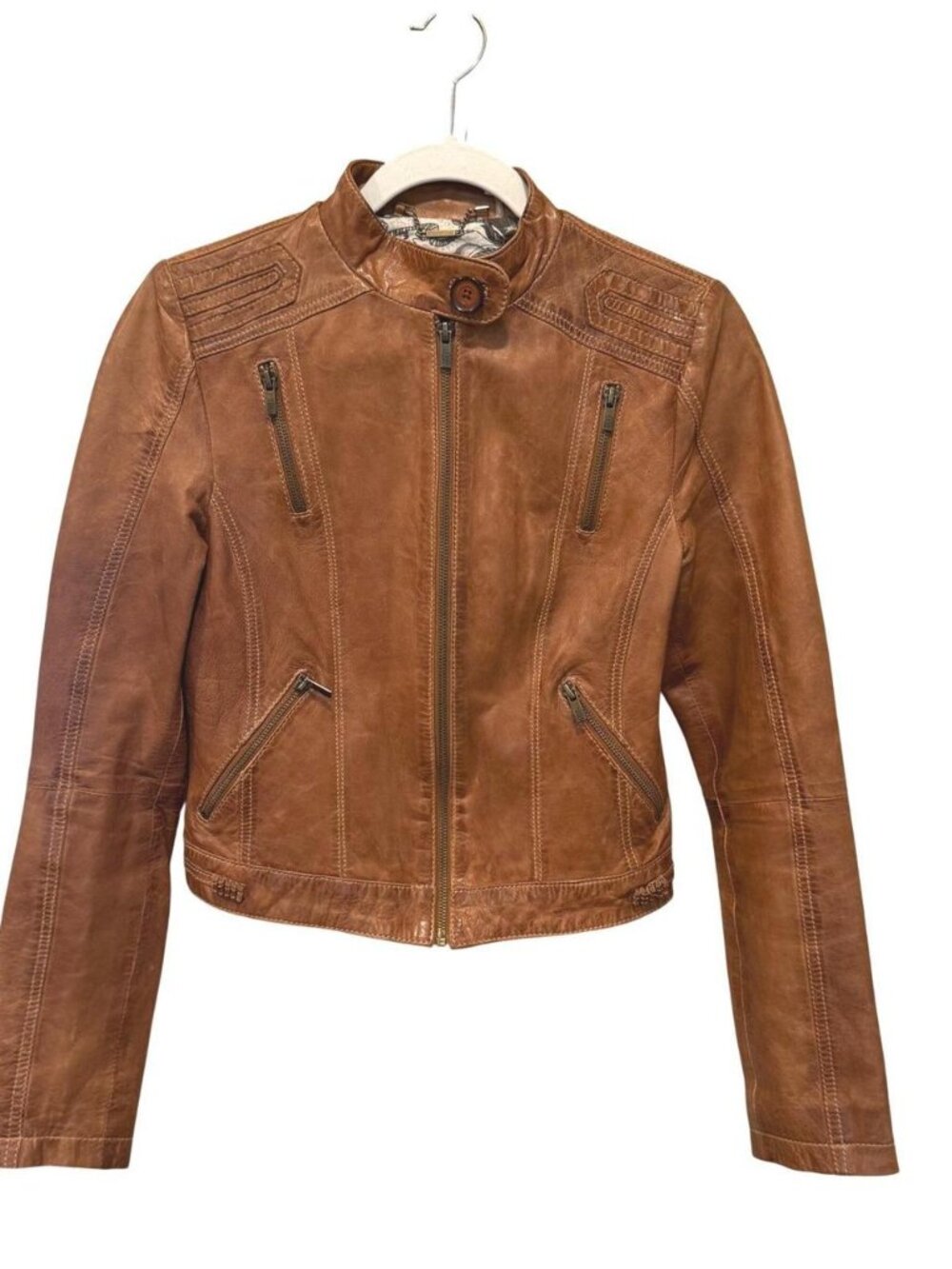 Wilson's Black Rivet Cognac Brown Cropped Leather Moto Jacket Sz XS Cafe Racer